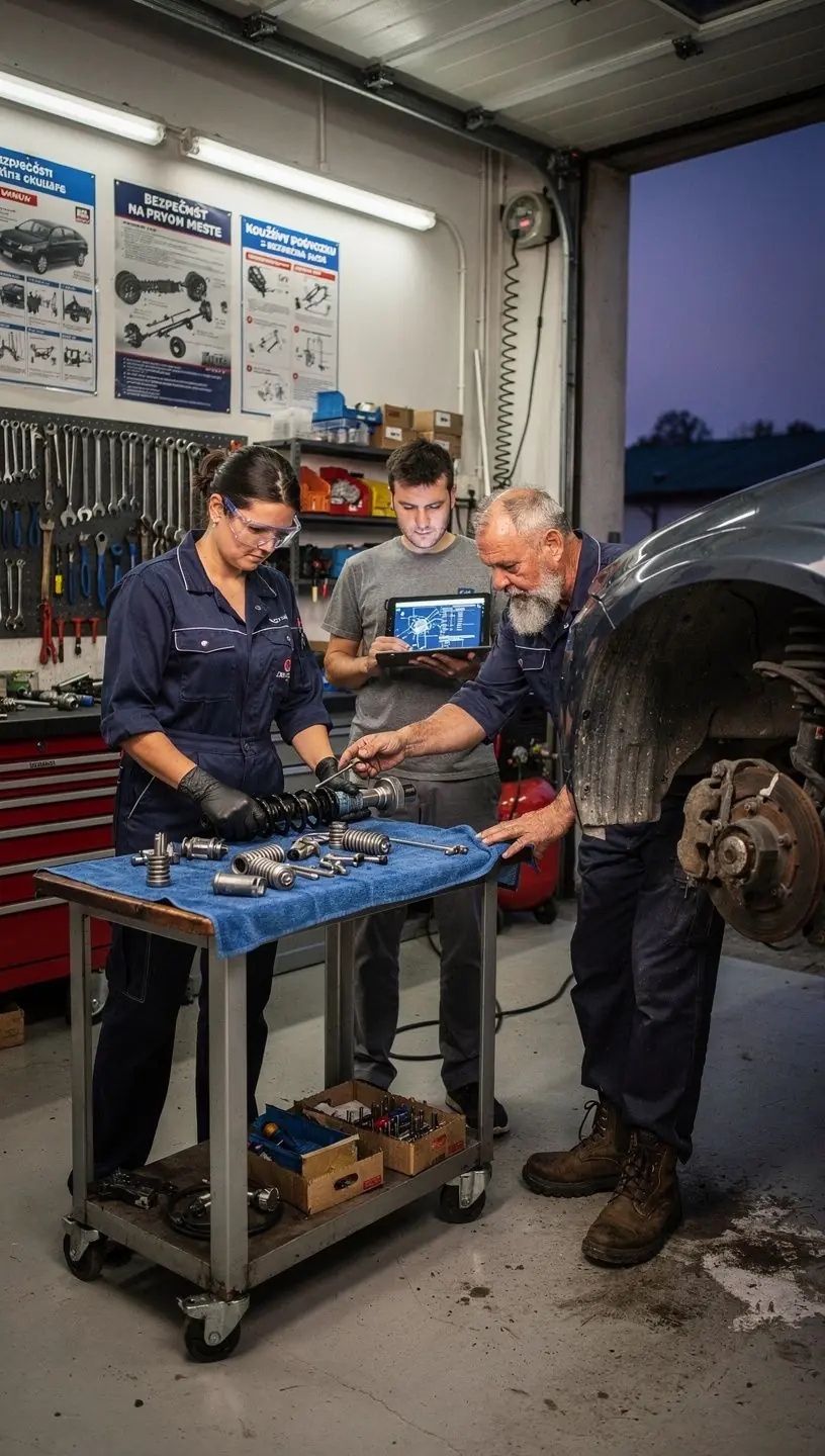 Skúsený mechanik demonštruje správnu výmenu brzdových komponentov zákazníkovi v servisnej hale.